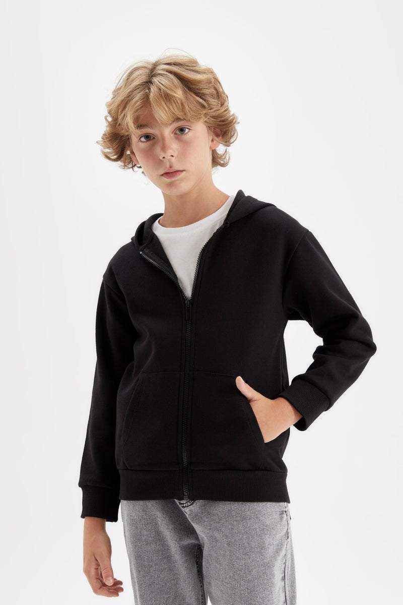 DeFacto Black Boy Boy Black Pocketed Zip-Up Sweatshirt Casual - Image 4